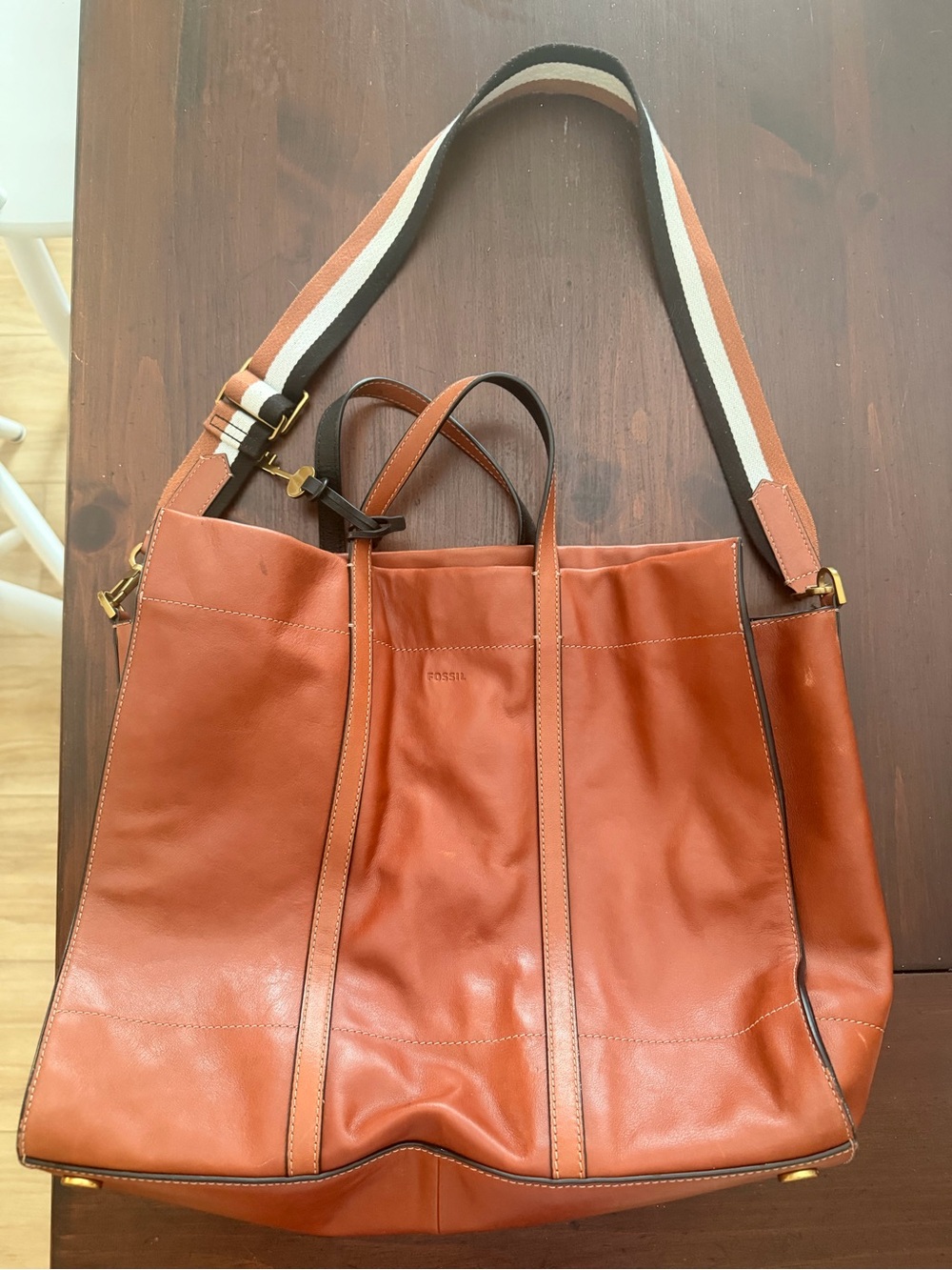 Fossil Tan Leather Tote with Striped Strap - Picture 3 of 4